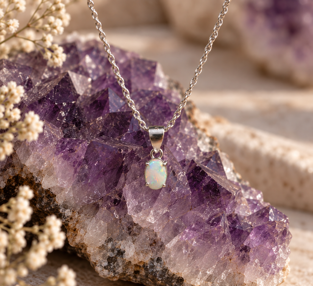 A silver chain necklace with a small oval opal pendant resting on a large purple amethyst crystal cluster with dried white flowers.