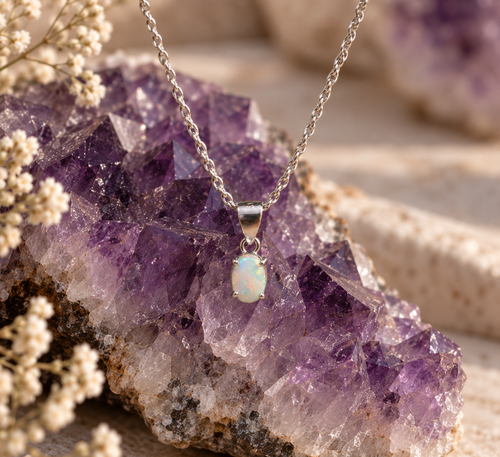 A silver chain necklace with a small oval opal pendant resting on a large purple amethyst crystal cluster with dried white flowers.