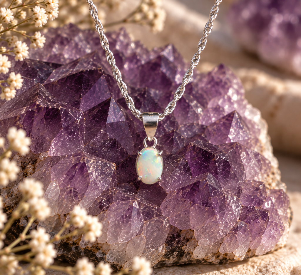 A silver chain necklace with an oval white opal pendant, displayed on a large purple crystal cluster with small dried white flowers.