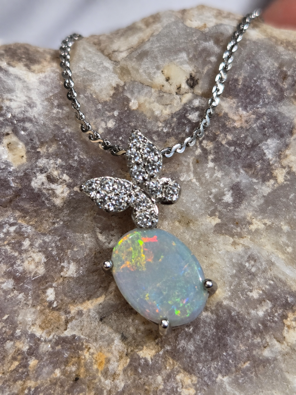 Wings of Fire – Australian White Opal Butterfly Necklace