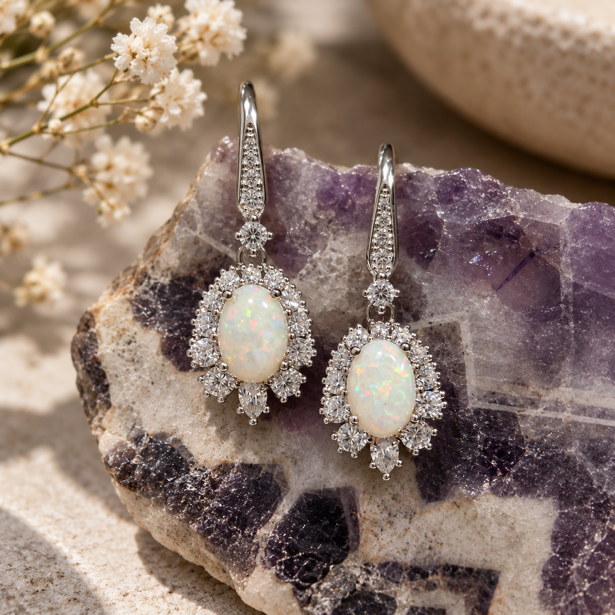 A pair of silver drop earrings with oval white opal centers and surrounding clear stones, displayed on a purple crystal cluster with small dried flowers in the background.